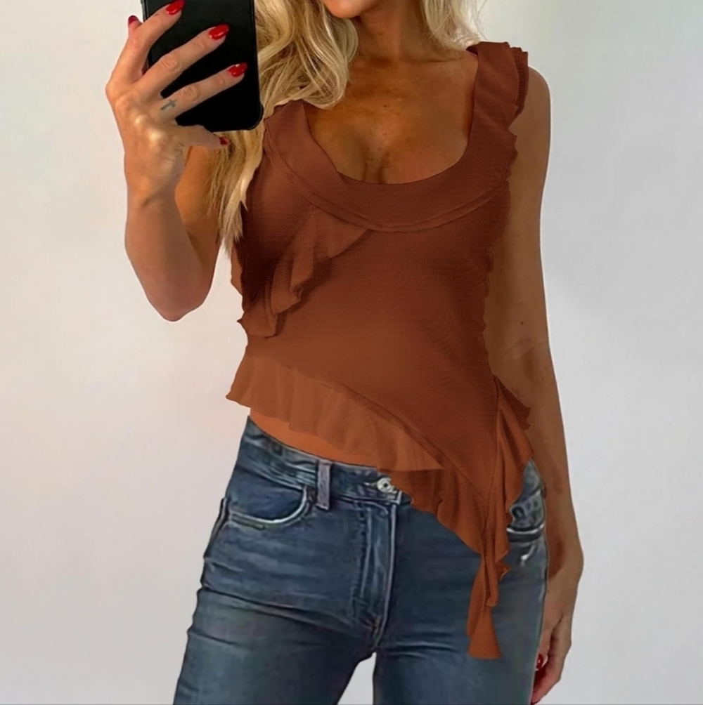 PRETTYGARDEN Burnt Orange Sleeveless Asymmetrical Mesh Top Size Women Medium NEW